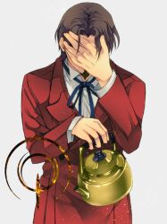  1boy brown_hair command_spell commentary_request covering_face facepalm facial_hair fate/zero fate_(series) formal goatee kettle male_focus nishi_juuji simple_background solo suit tohsaka_tokiomi 