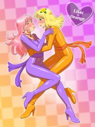  2girls blonde_hair blue_eyes blush bodysuit checkered_background choker closed_eyes commentary_request earrings flower food fukusuke_hachi-gou gradient_background high_heels highres imminent_kiss jewelry long_hair multiple_girls orange_background orange_bodysuit orange_theme original pink_hair purple_background purple_bodysuit purple_theme shoes skin_tight yuri 