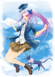  alternate_costume blazer blue_background bow cloud commentary_request cure_beat day dotted_half_note dual_persona eighth_note feline female hat jacket kurokawa_eren long_hair musical_note oerba_yun_fang photoshop_(medium) precure prime_(prime_tw) purple_hair quarter_note quarter_rest ribbon seiren_(suite_precure) shoes side_ponytail skirt sky sleeves_pushed_up smile staff_(music) suite_precure treble_clef very_long_hair whole_rest yellow_eyes 