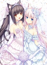  2girls :d animal_ears bad_link bare_shoulders black_hair blue_eyes blush bouquet breasts cat_ears cat_tail chocola_(nekopara) choker cleavage dress elbow_gloves flower gloves hair_flower hair_ornament jewelry medium_breasts multiple_girls nekopara open_mouth pink_hair red_eyes sayori_(neko_works) slit_pupils smile tail tail_ornament tiara twintails vanilla_(nekopara) wedding_dress 