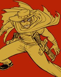  1boy cape commentary_request cowboy cowboy_western feriowind flat_color hat livio_the_doublefang male_focus pants photoshop_(medium) red_background simple_background trigun 