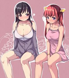  2girls bare_legs bare_shoulders black_hair blue_eyes blush bracelet breasts cleavage collarbone commentary_request hair_ribbon jewelry large_breasts long_hair long_sleeves multiple_girls original red_eyes red_hair ribbon saiste simple_background sitting sleeveless smile strap twintails 