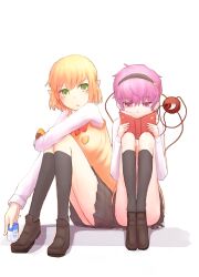  2girls alternate_costume blonde_hair book commentary_request contemporary green_eyes hairband heart highres kokotetsu komeiji_satori milk_carton mizuhashi_parsee multiple_girls pink_eyes pink_hair school_uniform shirt short_hair sitting skirt third_eye touhou vest 