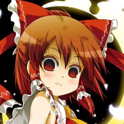  bow brown_eyes commentary_request detached_sleeves empty_eyes female hair_tubes hairbow hakurei_reimu porurin red_bow red_eyes solo touhou 