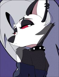  2023 anthro breasts canid canid_demon canine clothing collar demon digital_media_(artwork) doylecoati ear_piercing ear_ring eyebrow_piercing facial_piercing female fur grey_body grey_fur grey_hair hair hellaverse hellhound helluva_boss loona_(helluva_boss) mammal mythological_canine mythological_creature mythology piercing red_sclera ring_piercing solo spiked_collar spikes topwear white_body white_fur 
