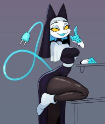  2026 absurd_res anthro bent_legs black_clothing black_dress blue_hair boots breasts clothing darkner deltarune dress felid female floating_hands footwear hair half-closed_eyes headgear headwear hi_res higidu legwear mammal narrowed_eyes nun nun_outfit open_mouth pointy_ears religious_clothing shoes slim small_waist smile smirk solo suggestive suggestive_look suggestive_pose tasque_manager tasque_manager_(nun) thick_thighs tights undertale_(series) white_boots white_clothing white_footwear wide_hips yellow_eyes 