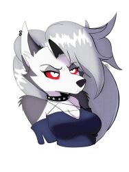  2022 3:4 anthro breasts canid canid_demon canine clothing collar demon digital_media_(artwork) doylecoati ear_piercing ear_ring eyebrow_piercing facial_piercing female fur grey_body grey_fur grey_hair hair hellaverse hellhound helluva_boss hi_res loona_(helluva_boss) mammal mythological_canine mythological_creature mythology piercing red_sclera ring_piercing solo spiked_collar spikes topwear white_body white_eyes white_fur 