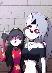  2022 anthro beak bottomwear breasts canid canid_demon canine clothed clothing collar demon digital_media_(artwork) doylecoati dress duo ear_piercing female gesture glowing glowing_eyes grey_hair hair hand_gesture hellaverse hellhound helluva_boss hi_res jacket loona_(helluva_boss) mammal middle_finger mythological_canine mythological_creature mythology navel notched_ear octavia_(helluva_boss) owl_demon piercing red_sclera spiked_collar spikes tongue tongue_out topwear white_eyes 