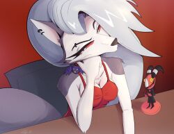  2024 absurd_res anthro blitzo_(helluva_boss) bobblehead breasts canid canid_demon canine chair clothing demon digital_media_(artwork) doylecoati dress duo ear_piercing ear_ring eyebrow_piercing facial_piercing female fur furniture grey_body grey_fur grey_hair hair hellaverse hellhound helluva_boss hi_res horn imp loona_(helluva_boss) male mammal mythological_canine mythological_creature mythology piercing red_body red_sclera red_skin ring_piercing sitting table white_body white_eyes white_fur 