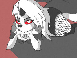  2021 4:3 anthro bottomwear breasts canid canid_demon canine clothing demon digital_media_(artwork) doylecoati eyebrow_piercing facial_piercing female fishnet_clothing fishnet_legwear fur grey_body grey_fur hair hellaverse hellhound helluva_boss leggings legwear loona_(helluva_boss) mammal monochrome mythological_canine mythological_creature mythology piercing red_sclera shorts solo topwear white_body white_eyes white_fur 