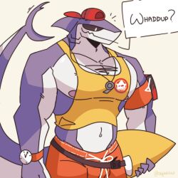  1:1 2024 absurd_res anthro aquatic artist_name backwards_baseball_cap backwards_hat baseball_cap black_sclera bottomwear clock closed_smile clothed clothed_anthro clothed_male clothing countershade_arms countershade_face countershade_neck countershade_tail countershade_torso countershading digital_drawing_(artwork) digital_media_(artwork) drawstring_bottomwear emanata english_text epic_games fin fish flesh_fang fortnite front_view fully_clothed fully_clothed_anthro fully_clothed_male gills grey_body grey_countershading hat head_fin headgear headwear hi_res holding_object holding_surfboard male mouth_closed multicolored_body muscular muscular_anthro muscular_male navel neck_gills nipples non-mammal_navel non-mammal_nipples orange_bottomwear orange_clothing portrait pupils purple_body red_baseball_cap safety_first_steve_(fortnite) shark shirt simple_background skykdotidot slit_pupils smile solo speech_bubble surfboard tail tail_fin tan_background tank_top text three-quarter_portrait topwear two_tone_body watch whistle_(object) whistle_around_neck white_background white_eyes white_pupils wristwatch yellow_clothing yellow_shirt yellow_tank_top yellow_topwear 