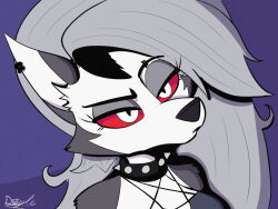  2021 4:3 anthro breasts canid canid_demon canine clothing collar demon digital_media_(artwork) doylecoati ear_piercing ear_ring eyebrow_piercing facial_piercing female fur grey_body grey_fur grey_hair hair headshot_portrait hellaverse hellhound helluva_boss loona_(helluva_boss) mammal mythological_canine mythological_creature mythology piercing portrait red_sclera ring_piercing solo spiked_collar spikes topwear white_body white_eyes white_fur 