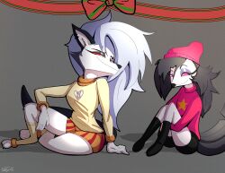  2024 absurd_res anthro beak bottomwear breasts canid canid_demon canine clothing demon digital_media_(artwork) doylecoati duo ear_piercing ear_ring eyebrow_piercing facial_piercing female footwear fur grey_body grey_fur grey_hair hair headgear headwear hellaverse hellhound helluva_boss hi_res loona_(helluva_boss) mammal mythological_canine mythological_creature mythology octavia_(helluva_boss) owl_demon piercing red_sclera ring_piercing shorts socks sweater topwear white_body white_eyes 