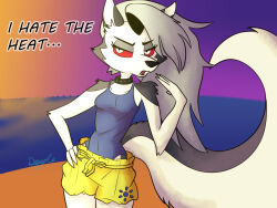 2021 4:3 anthro beach bottomwear breasts canid canid_demon canine clothed clothing collar demon digital_media_(artwork) doylecoati english_text female fur grey_body grey_fur grey_hair hair hellaverse hellhound helluva_boss loona_(helluva_boss) mammal mythological_canine mythological_creature mythology one-piece_swimsuit open_mouth red_sclera sand seaside shorts solo spiked_collar spikes swimwear text water white_body white_fur 