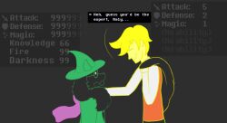 2026 annoyed anthro biped black_background black_body black_fur blonde_hair bovid caprine closed_smile clothed clothing cute_fangs darkner deltarune dialogue digital_drawing_(artwork) digital_media_(artwork) duo elemental_creature english_description english_text eye_contact eyewear fangs floppy_ears flora_fauna flower flower_creature flowery_(deltarune) fur gameplay_mechanics glasses goat hair hat headgear headwear heroman_(artist) hi_res human looking_at_another male mammal mouth_closed plant ralsei scarf seven_flowers short_hair side_view simple_background smile speech_bubble stats teeth text undertale_(series) wearing_glasses wearing_hat wizard_hat yellow_body yellow_skin 