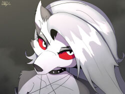  2022 4:3 anthro canid canid_demon canine clothing collar demon digital_media_(artwork) doylecoati ear_piercing ear_ring eyebrow_piercing facial_piercing female fur grey_body grey_fur grey_hair hair headshot_portrait hellaverse hellhound helluva_boss loona_(helluva_boss) mammal mythological_canine mythological_creature mythology piercing portrait red_sclera ring_piercing solo spiked_collar spikes topwear white_body white_eyes white_fur 
