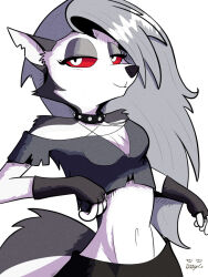 2022 3:4 =solo anthro bottomwear breasts canid canid_demon canine clothing collar demon digital_media_(artwork) doylecoati female fur gloves grey_body grey_fur grey_hair hair handwear hellaverse hellhound helluva_boss hi_res loona_(helluva_boss) mammal mythological_canine mythological_creature mythology navel red_sclera skirt solo spiked_collar spikes topwear white_body white_eyes white_fur 