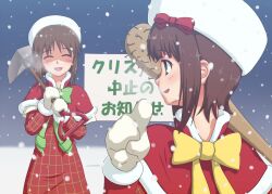  2girls amami_haruka baseball_bat brown_hair christmas_is_cancelled closed_eyes commentary_request hagiwara_yukiho hat idolmaster idolmaster_(classic) multiple_girls nail nail_bat open_mouth pointing pointing_at_viewer puton shaded_face shovel smile snowing 