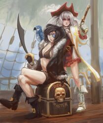  2girls artistic_error bird black_hair black_rock_shooter black_rock_shooter_(character) black_rock_shooter_(game) boots breasts coat commentary_request crossed_legs eyepatch fur_collar gun handgun hat highres long_hair medium_breasts midriff multiple_girls parrot photoshop_(medium) pirate pirate_hat red_eyes riftgarret ship sideboob sitting sword treasure_chest twintails watercraft weapon white_hair white_rock_shooter 