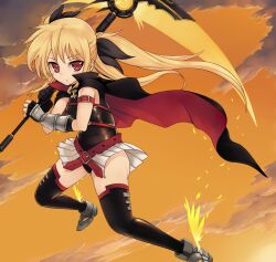  alternate_weapon ashita_(2010) bad_id bad_pixiv_id bardiche_(nanoha) bardiche_(scythe_form)_(nanoha) belt black_thighhighs blonde_hair brown_eyes cape fate_testarossa fate_testarossa_(lightning_form) female fingerless_gloves floating_cape flying gloves long_hair lyrical_nanoha magical_girl mahou_shoujo_lyrical_nanoha mahou_shoujo_lyrical_nanoha_a&#039;s scythe showgirl_skirt solo thighhighs twintails weapon 