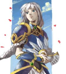  armor armored_dress blue_armor braid cloud day emmmerald feathers female helmet holding imageboard_desourced lenneth_valkyrie long_hair non-web_source petals sky solo valkyrie_profile_(series) 