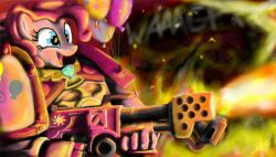  armor balloon blue_eyes equid equine fire flamethrower friendship_is_magic future hair happy hasbro hi_res horse inflatable laaseensld mammal my_little_pony pink_hair pinkie_pie_(mlp) pony ranged_weapon smile war warhammer_(franchise) weapon 