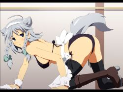  ahoge all_fours animal_ears apron ass bare_shoulders black_bra black_panties black_thighhighs boots bow bra braid breasts cleaning commentary_request covered_nipples dog_ears dog_tail female grey_hair hairbow izayoi_sakuya kemonomimi_mode knee_boots large_breasts lingerie maid_headdress panties shin&#039;ya_(nanp) short_hair side-tie_panties solo tail thighhighs touhou twin_braids underwear underwear_only wrist_cuffs 