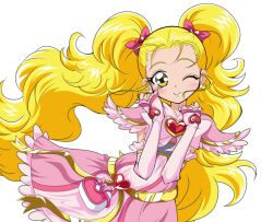  blonde_hair bow brooch commentary_request dress eyelashes female frills futari_wa_precure futari_wa_precure_max_heart gloves hair_ribbon heart heart_brooch jewelry kujou_hikari long_hair magical_girl one_eye_closed photoshop_(medium) pink_dress precure ribbon shiny_luminous sinko_(sinsin) smile solo twintails white_background yellow_eyes 