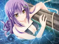  female female game_cg highres kanna_(plum) koisuru_koto_to_mitsuketari koisuru_koto_to_mitsuketari! long_hair purple_hair rain smile solo takanoha_mira yellow_eyes 