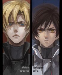  2boys banagher_links blonde_hair blue_eyes brown_eyes brown_hair character_name commentary_request gundam gundam_unicorn hui_ming multiple_boys photoshop_(medium) pilot_suit riddhe_marcenas short_hair side-by-side 