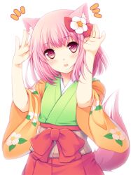  ^^^ animal_ears cocoa_(cafe-hotcocoa) commentary_request female flower hair_flower hair_ornament hieda_no_akyuu japanese_clothes kemonomimi_mode open_mouth photoshop_(medium) pink_eyes pink_hair simple_background solo tail touhou white_background wide_sleeves 