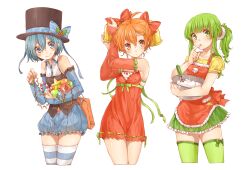  3girls ahoge bag bare_shoulders bell bellko_(rbb) blue_eyes blue_hair blush bow bowl bridal_gauntlets candy candy_cane collarbone commentary_request cream dress food green_eyes green_hair green_legwear hair_bell hair_ornament hamko_(rbb) hat hat_bow hat_ribbon holding holding_bowl icing ketsuko_(rbb) looking_at_viewer multiple_girls orange_hair original puffy_pants rainybluebell ribbon rojiko simple_background skirt smile star_(symbol) striped_clothes striped_thighhighs sweatdrop thighhighs top_hat whisk white_background 