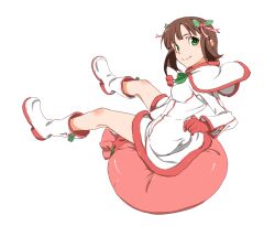  amami_haruka bad_id bad_pixiv_id boots brown_hair capelet female gloves green_eyes hair_ornament holly holly_hair_ornament idolmaster idolmaster_(classic) sack santa_costume short_hair smile solo thesale white_santa_costume 