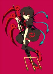  akasata asymmetrical_wings bad_id bad_pixiv_id black_hair black_thighhighs bow dress female houjuu_nue polearm red_eyes short_hair smile snake solo thighhighs touhou trident weapon wings zettai_ryouiki 