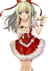  :o blue_eyes blush bow breasts cake christmas cleavage collarbone commentary_request dragon_maker female food fork gaou_(umaiyo_puyoman) green_hair hairbow hat heart kneehighs long_hair looking_at_viewer open_mouth photoshop_(medium) santa_costume santa_hat simple_background small_breasts socks solo white_background 