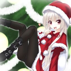  :d black_pantyhose blush boots christmas commentary_request doll_joints female heart joints kurokawa_(silve) long_hair open_mouth original panties panties_under_pantyhose pantyhose photoshop_(medium) pink_eyes sack santa_costume smile solo underwear white_hair 