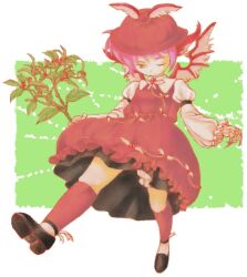  animal_ears branch brown_socks claws commentary_request dress earrings female fingernails hat jewelry kinosaki kneehighs long_fingernails mystia_lorelei one_eye_closed short_hair socks solo touhou walking wings 