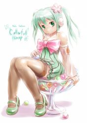  bare_shoulders colorful_drop_(module) colorful_x_melody_(vocaloid) commentary_request dress female full_body green_eyes green_hair hatsune_miku high_heels highres long_hair mary_janes moriichi project_diva_(series) project_diva_2nd shoes simple_background sitting solo thighhighs twintails vocaloid white_background 