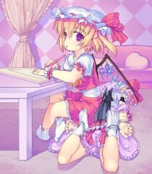  2girls ascot bat_wings belt blindfold blonde_hair blouse blush bondage bondage bound checkered commentary_request couch crossed_legs cuffed cuffs curtains flandre_scarlet floor frilled_skirt frills handcuffs hat hat_ribbon heart holding legs_back legs_folded light_purple_hair looking_at_viewer lying multiple_girls nukaji_(kuromahou_kenkyuujo) open_mouth paper pen photoshop_(medium) pillow puffy_sleeves purple_eyes red_eyes remilia_scarlet restrained ribbon shirt short_hair short_sleeves siblings side_ponytail sisters sitting sitting_on_person skirt skirt_set socks table touhou vest wall white_legwear wings wrist_cuffs 