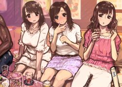  1boy 3girls blush breasts commentary_request dark-skinned_male dark_skin dress indoors jewelry kaqo king_game microphone multiple_girls nail_polish necklace original pov shirt sitting skirt white_shirt 