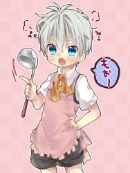  1boy 30-sai_no_hoken_taiiku apron bad_id bad_pixiv_id black_shorts blue_eyes blush grey_hair ladle macaron_(30-sai_no_hoken_taiiku) male_focus oerba_yun_fang open_mouth ribbon shorts solo touyama_soboro 