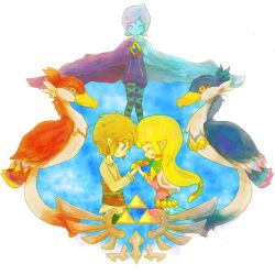  1boy 2girls bird blonde_hair blue_eyes blue_hair bracelet cape commentary_request earrings fi_(zelda) jewelry link loftwing long_hair mikazuki_moon multiple_girls pantyhose pointy_ears princess_zelda smile the_legend_of_zelda the_legend_of_zelda:_skyward_sword 