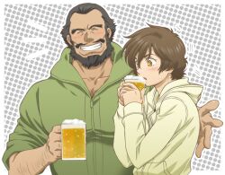  2boys alcohol bad_id bad_pixiv_id banagher_links beard beer black_hair blush brown_hair drinking drunk facial_hair gundam gundam_unicorn hood hoodie manly moustache multiple_boys redpipin suberoa_zinnerman yellow_eyes 