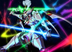  commentary_request dual_wielding energy_sword highres holding mecha no_humans photoshop_(medium) robot sparkle star_driver sword tauburn_(star_driver) weapon yanushi 