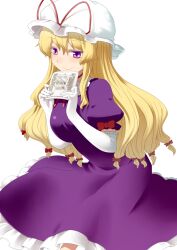  blonde_hair commentary_request drawing_(object) dress elbow_gloves female gloves hair_ribbon hat hat_ribbon hota long_hair purple_dress purple_eyes ribbon smile solo torii touhou white_gloves yakumo_yukari 