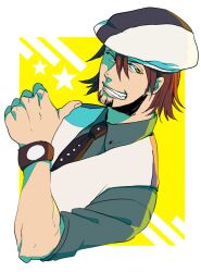  1boy bad_id bad_pixiv_id brown_eyes brown_hair cabbie_hat facial_hair hat kaburagi_t._kotetsu kogashirou necktie one_eye_closed short_hair stubble thumbs_up tiger_&amp;_bunny vest waistcoat watch wristwatch 