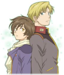  2boys back-to-back bad_id bad_pixiv_id banagher_links blonde_hair blue_eyes brown_hair gundam gundam_unicorn hood hoodie jacket military military_uniform multiple_boys outline redpipin riddhe_marcenas short_hair uniform yellow_eyes 