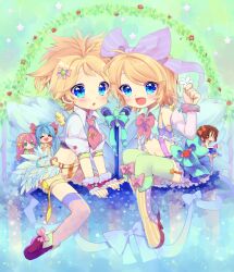  2boys 4girls bad_id bad_pixiv_id blonde_hair blue_eyes boots bow brother_and_sister chibi flower frills hair_ribbon hairbow hatsune_miku kagamine_len kagamine_rin kaito_(vocaloid) megurine_luka meiko_(vocaloid) mini_person minigirl multiple_boys multiple_girls oerba_yun_fang open_mouth ribbon short_hair shorts siblings sitting skirt smile thighhighs touyama_soboro vocaloid 