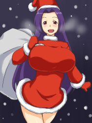  breasts christmas commentary_request female hat huge_breasts idolmaster idolmaster_(classic) kawanuma_uotsuri long_hair miura_azusa purple_hair sack santa_hat snow solo 