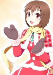  :d b-ginga brown_eyes brown_hair capelet christmas commentary_request female hagiwara_yukiho idolmaster idolmaster_(classic) looking_up mittens open_mouth scarf short_hair smile solo winter_clothes 